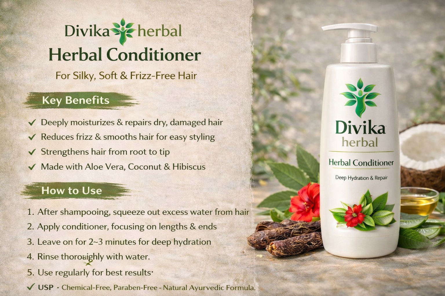 Divika Herbal Conditioner application - Soft, shiny hair result